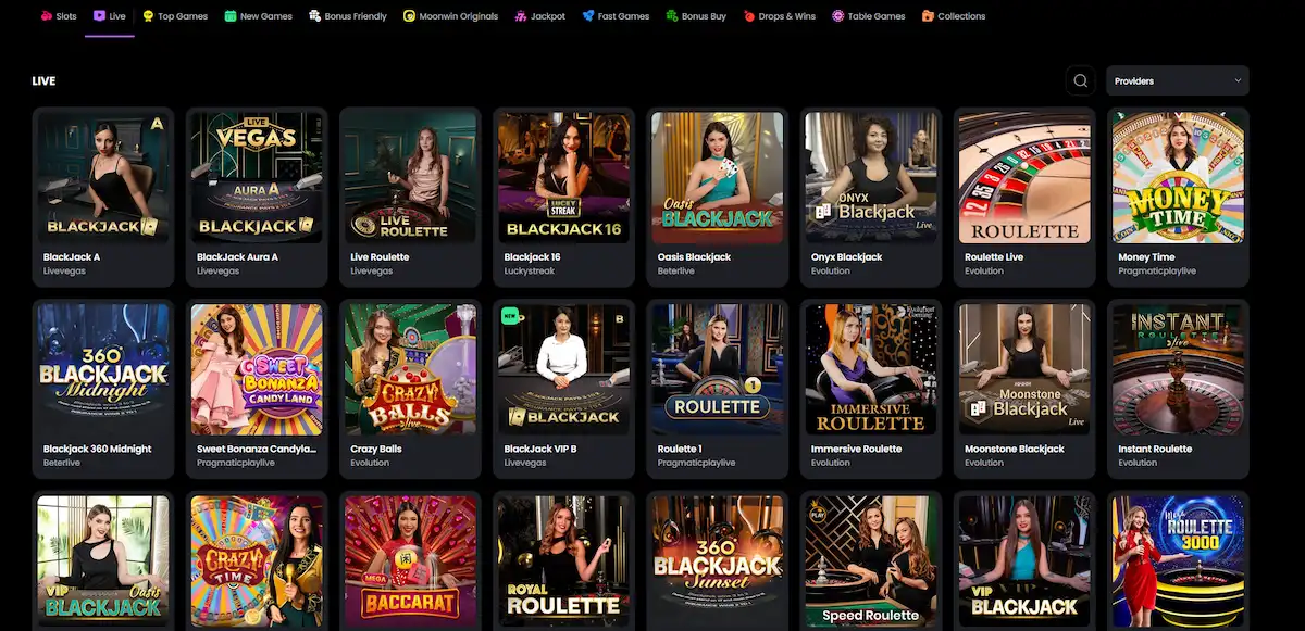 Live-Casino-Übersicht bei Moonwin mit Dealer-Tischen