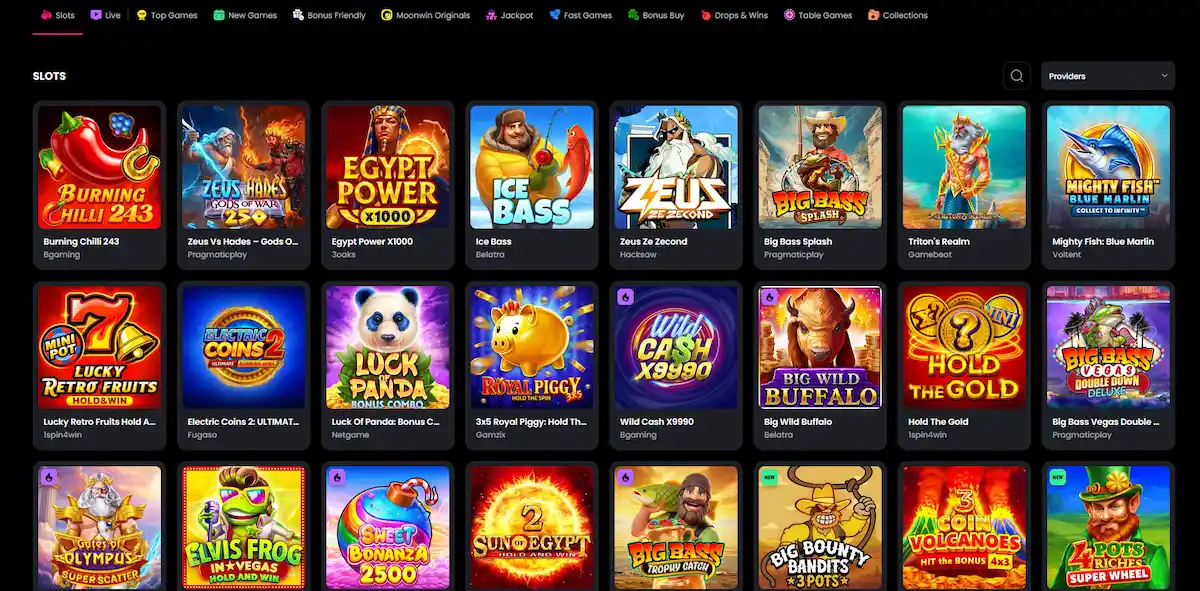 Auswahl an Spielautomaten in der Moonwin-Lobby